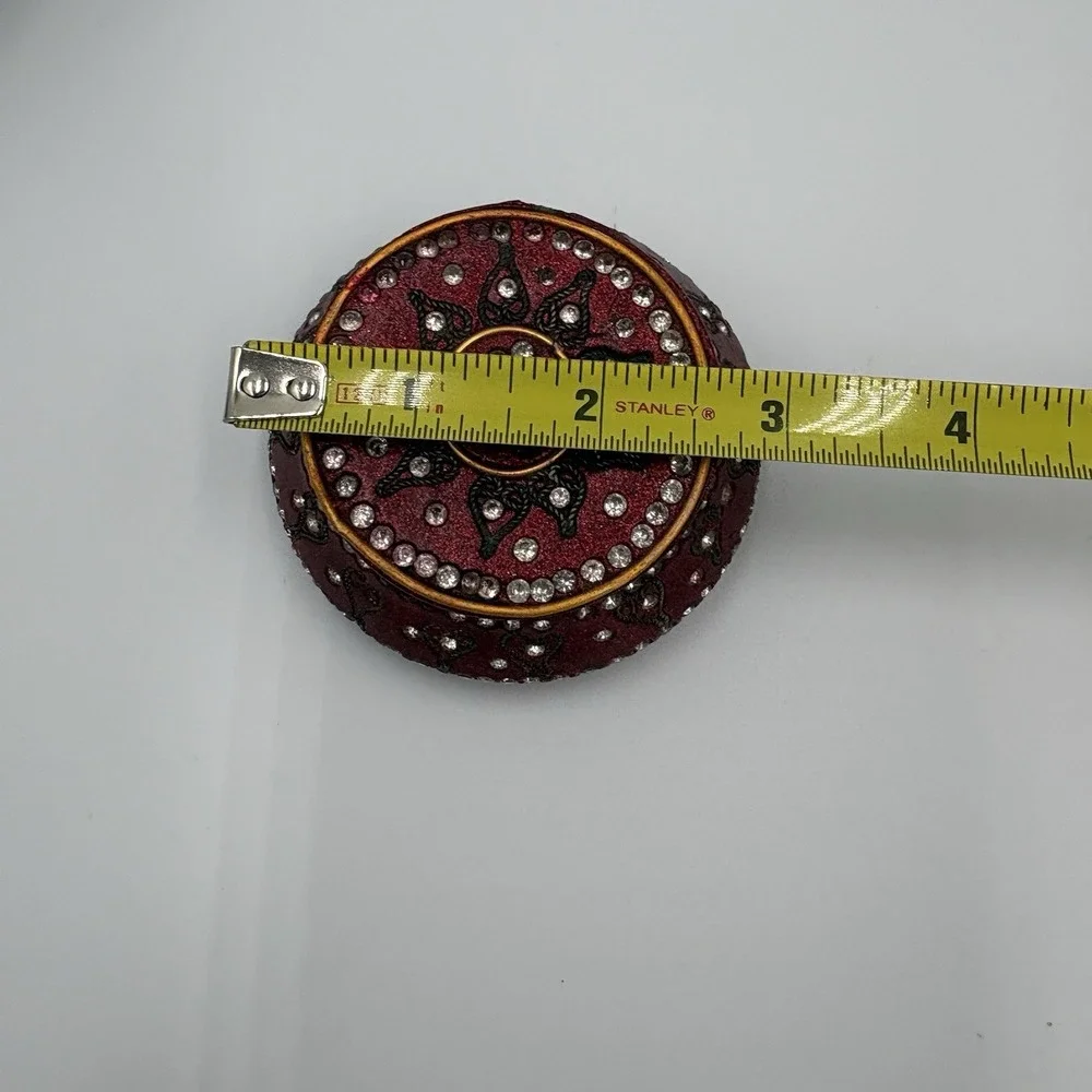 Burgundy Enamel Trinket Ring Box Metallic Fleck Finish Rhinestones Inlaid Hearts
